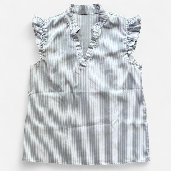 Other Blue white striped cap sleeve blouse notched v-neck coastal aesthetics - Picture 6 of 9